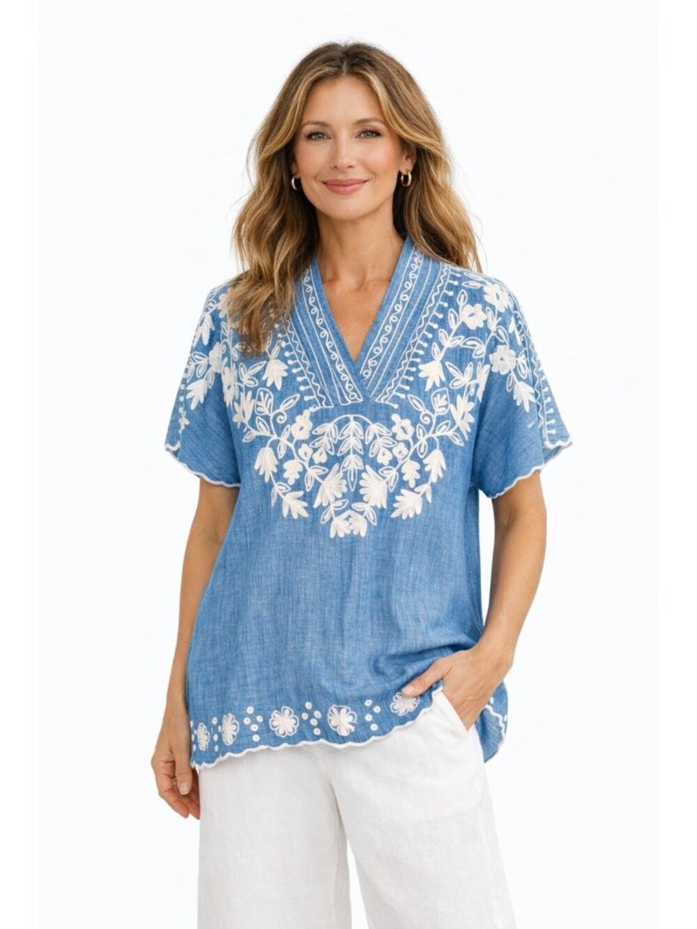 Blue Floral Chambray Demin Boho Embroidered V-Neck Top By A&A Clothing Women M